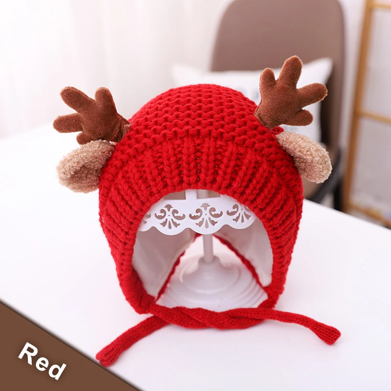 Милая детская шапка с оленем оленьими рогами зимняя теплая плюшевая Вязаная