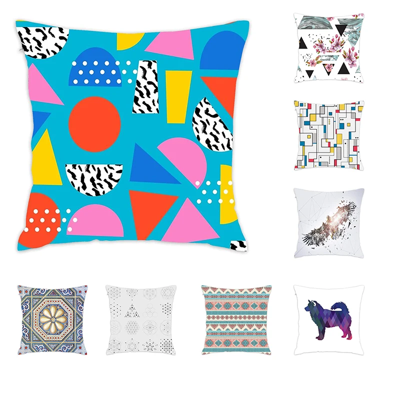 

[Douladou] Geometric Striped Print Pillowcase Bohemian Flocking Solid Pillow Case Car Home Sofa Cushion Cover Decor 45x45cm