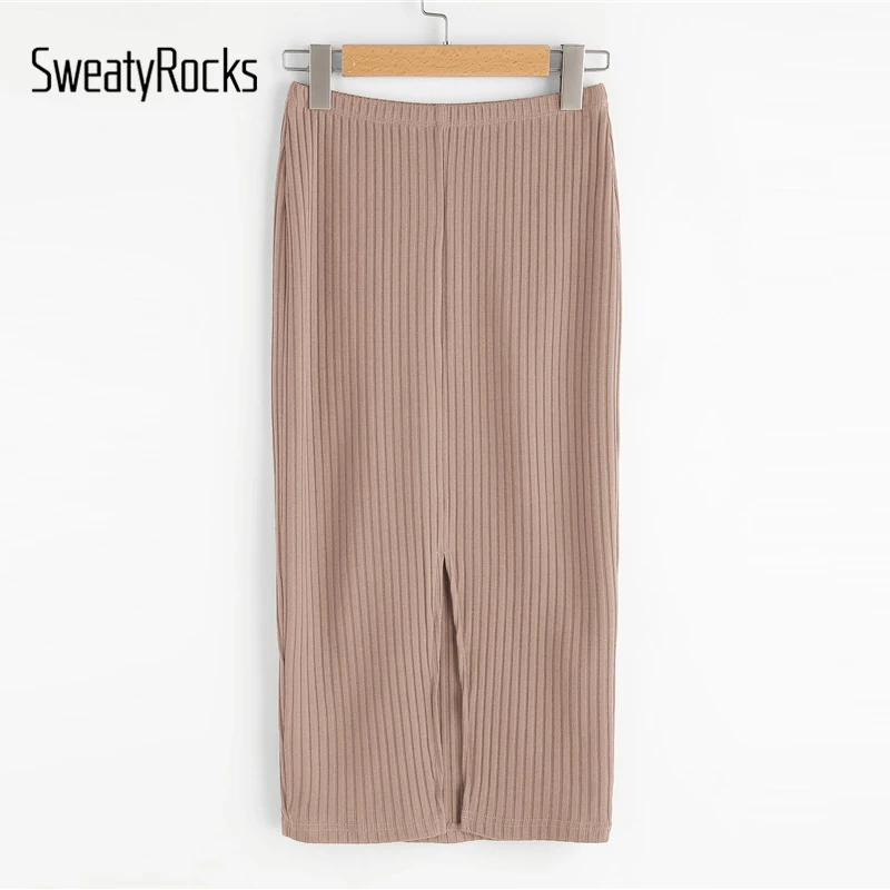 SweatyRocks Обнаженная трикотажная юбка в рубчик с разрезом сзади, облегающие повседневные Юбки-миди, женские уличные эластичные юбки-карандаш