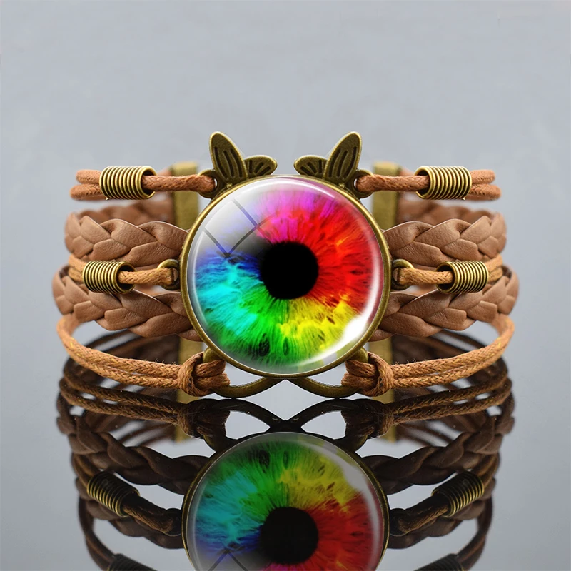 Браслет с радужными глазами ручной работы черные и коричневые кожаные плетеные