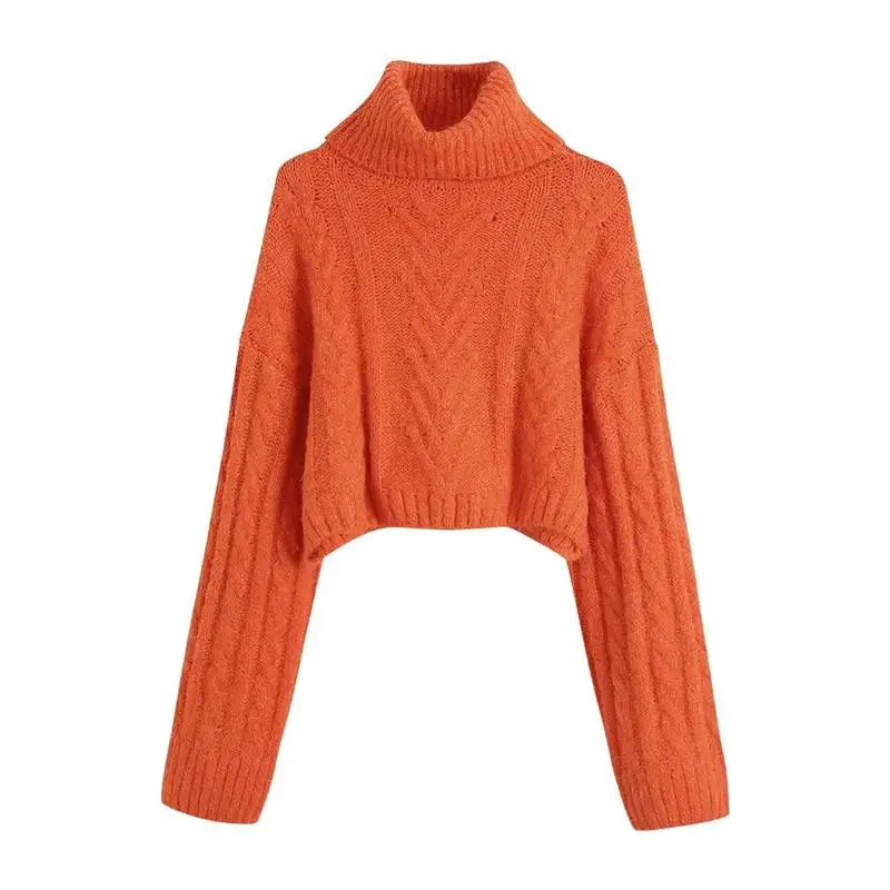 

ZXQJ Women 2021 Fashion Thick Warm Winter Cropped Cable-knit Sweater Vintage High Neck Long Sleeve Female Pullovers Chic Top