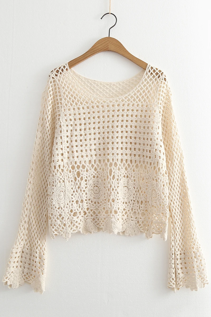 

Sweet Solid Hollow Crocheted Lace Blouse O-Neck Pullover Sweater Bell Sleeve Knitted Sweater 2021 Spring Summer Women Clothing