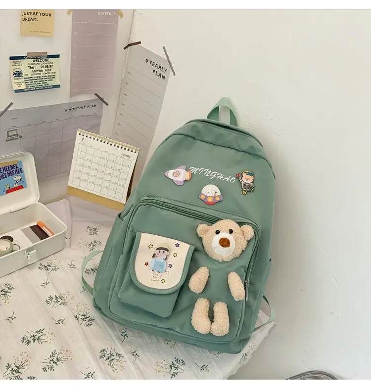 

College style small fresh and cute cartoon stuffed bear student schoolbag versatile solid color sweet girl backpack