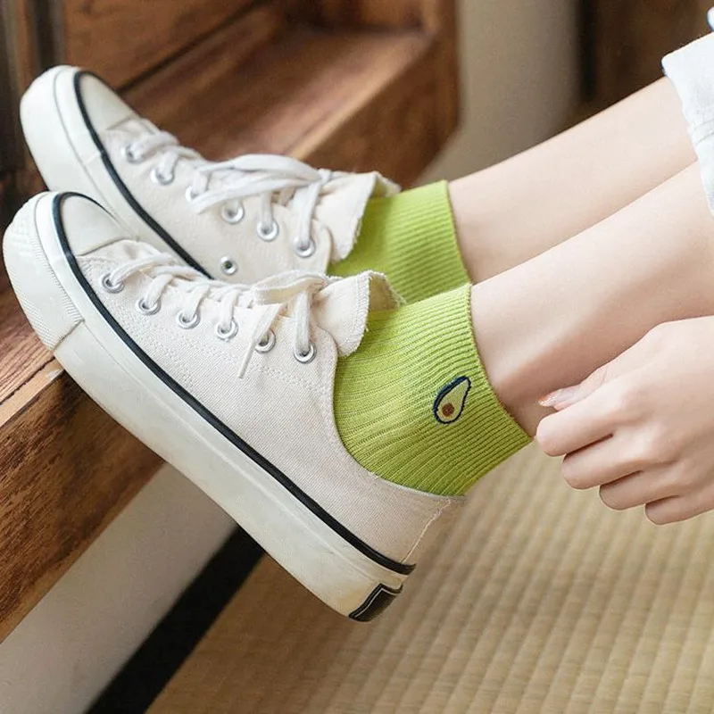 

Solid Casual Women's Socks Avocado Embroidery College Style Cotton Breathable Short Socks Japanese Kawaii Cartoon Cute Sock Gift