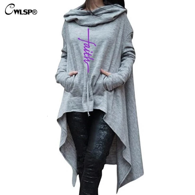 

Faith Letters Jesus Bible Print Long Irregular Hoodies For Women Kawaii Sweatshirt Woman Femmes Loose Pockets Clothings Creative