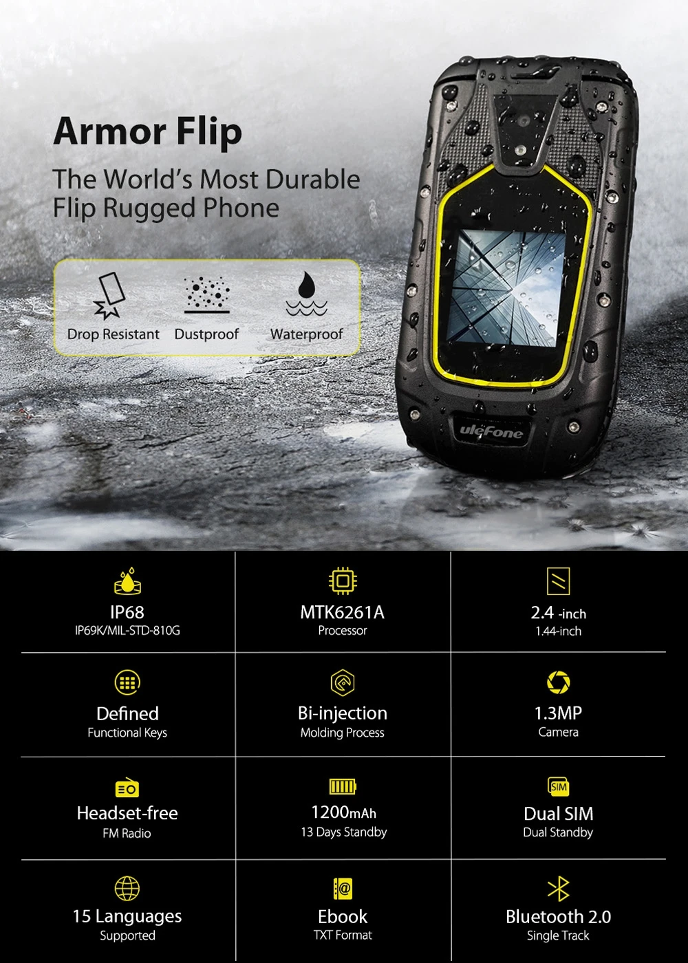 Ulefone Armor флип IP68/IP69K водонепроницаемые мобильные телефоны 1200 мАч двойной экран 2 4
