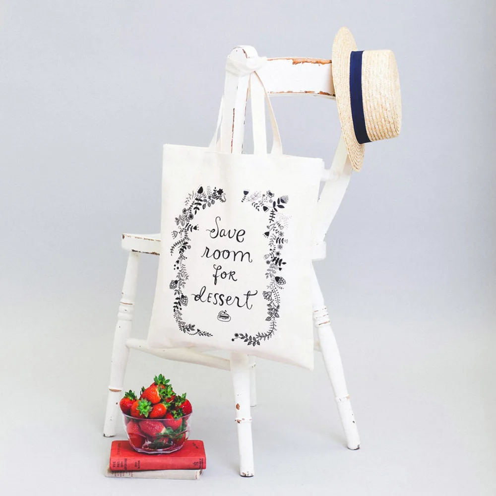 

Canvas Shopping Bag Save Room for Dessert Tote Bag Reusable Shopper Shoulder Bag Women Book Bags Eco Large-capacity Fashion