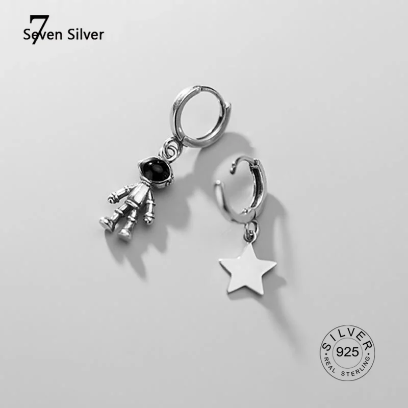 

925 Sterling Silver Creative Astronaut Star Asymmetric Hoop Earrings For Women Ear Jewelry Oorbellen Trendy Punk Vintage Style