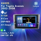 Автомагнитола, видеоплеер для Toyota Avensis 2002-2008 T25, GPS-навигация 1280*720P IPS 6 + 128G, 8-ядерный встроенный Carplay + Авто DSP + RDS