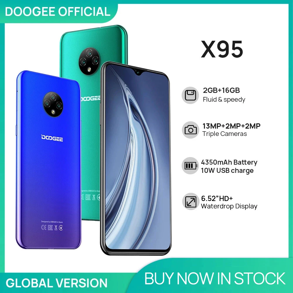 

DOOGEE X95 Smart Phone 4G-LTE Cellphones 6.52" Display MTK6737 16GB ROM Dual SIM 13MP Triple Camera 4350mAh Battery Android 10.0