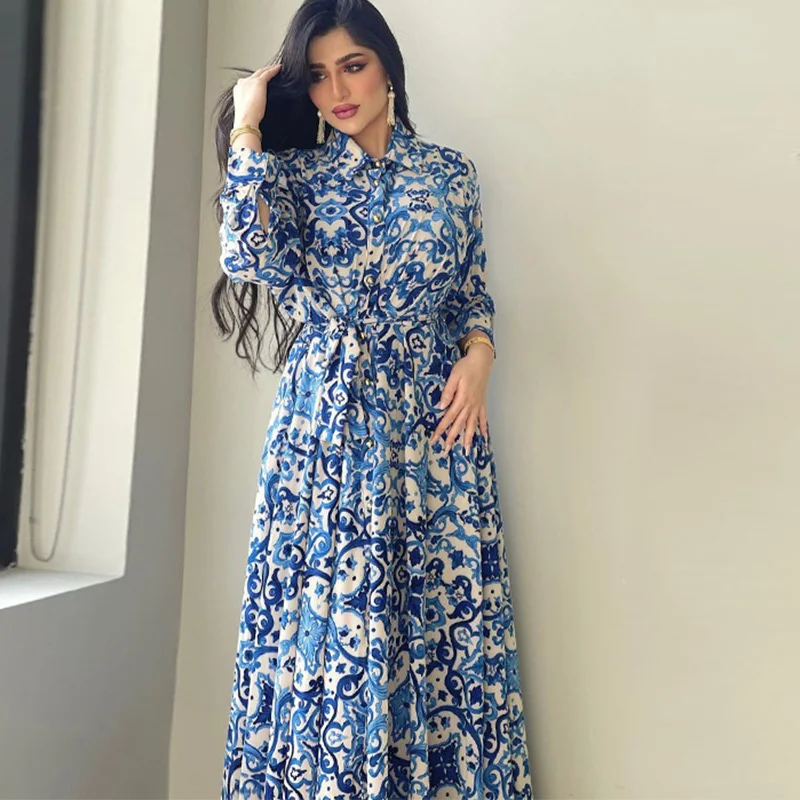 

Middle Eastern Fashion Muslim Women Dress Printed Belt Long Sleeve Abaya Kaftan Dress Mosque Noble Arabian Evening Dress