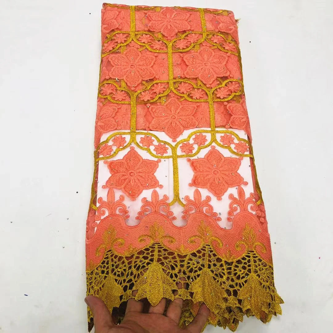 

Новинка, кружево молочного шелка, африканская вышивка с камнями, Водорастворимая швейцарская вуаль, кружевная ткань из гипюра для платья, 5 ...