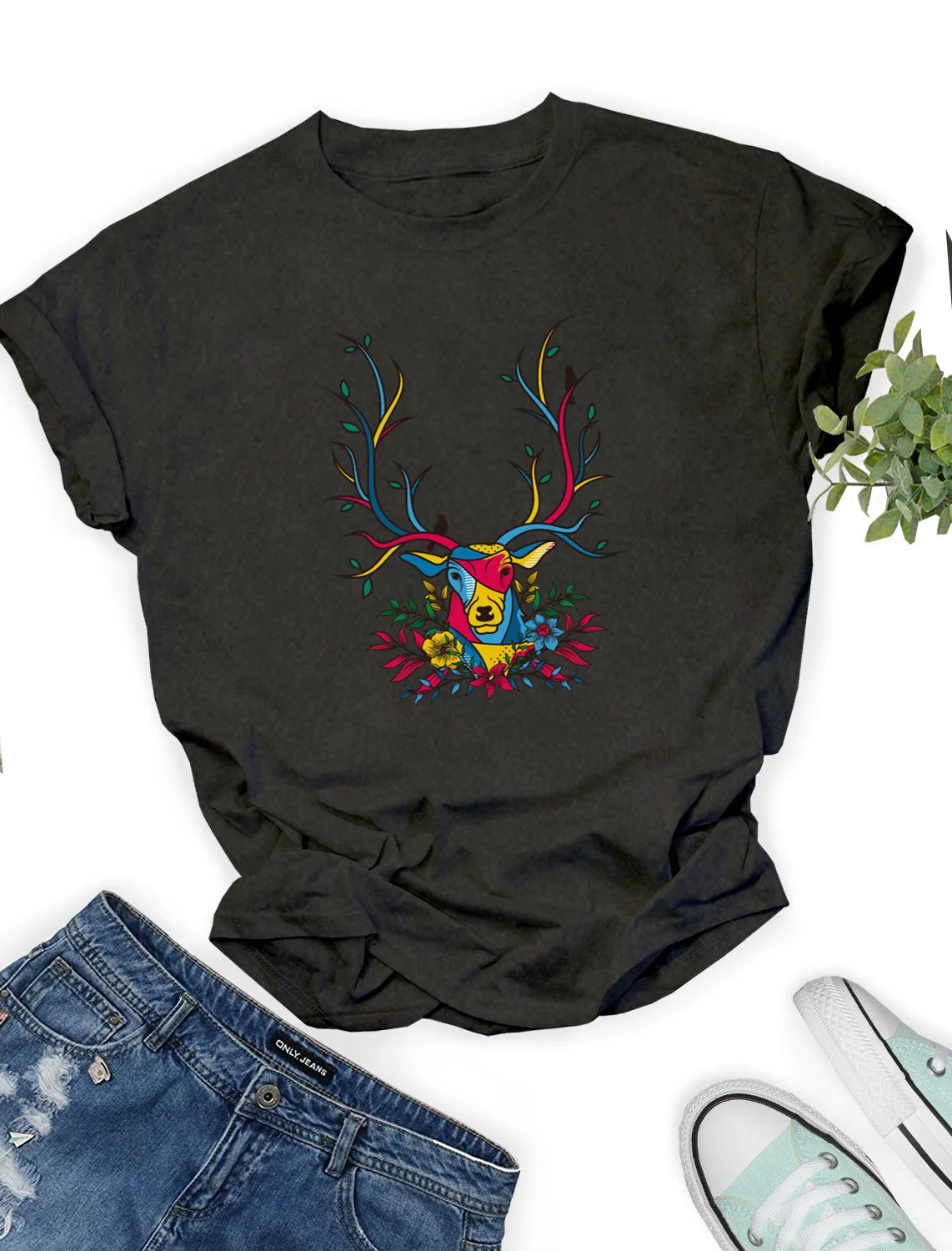 Женские футболки с принтом оленей леса Листьев черного серого и белого цветов