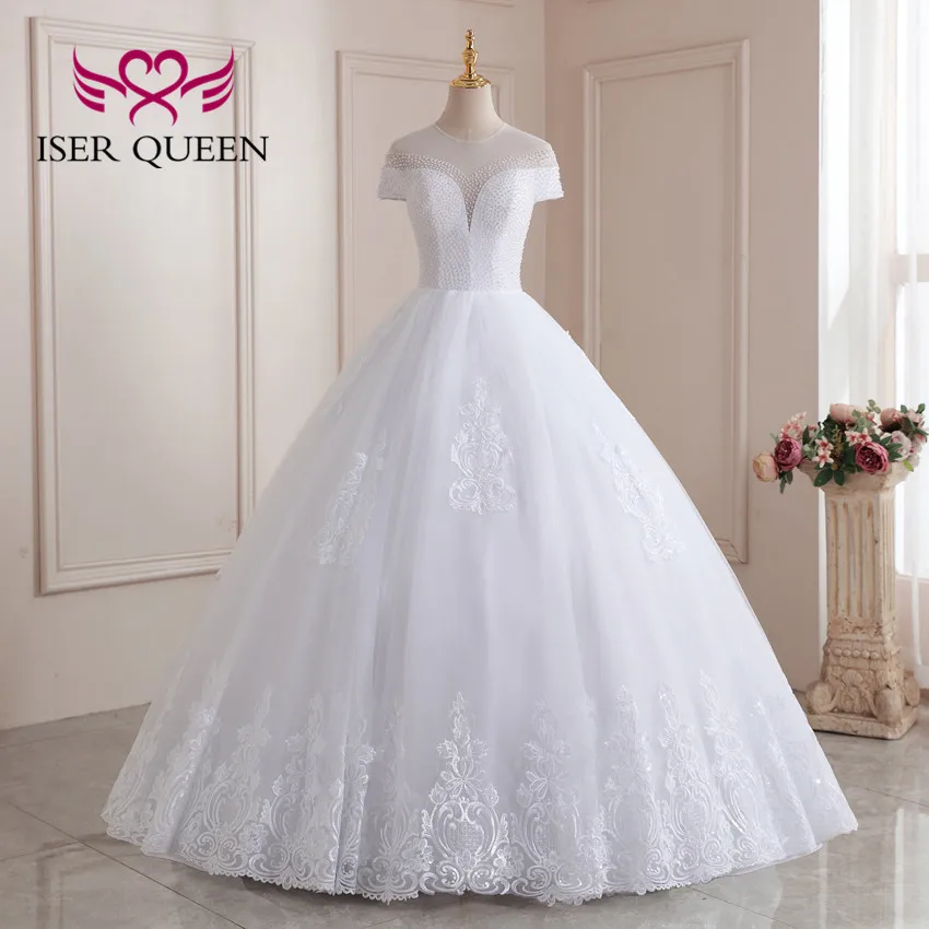 

South American Style Wedding Dresses Sheer Neck Illusion Embroidery Pearls Beaded Pure White Wedding Gown For Bride Women WX0208