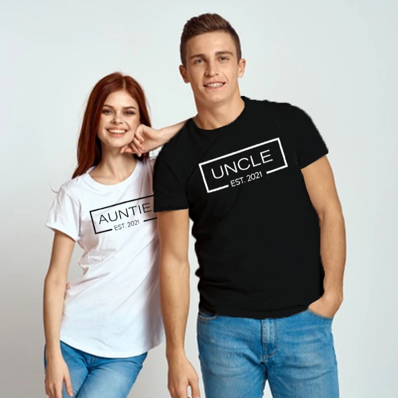 

Auntie Uncle Est 2021 Shirt New Mom Aesthetic Clothes Personalized Family Tee New Uncle Streetwear Women Black Top Summer