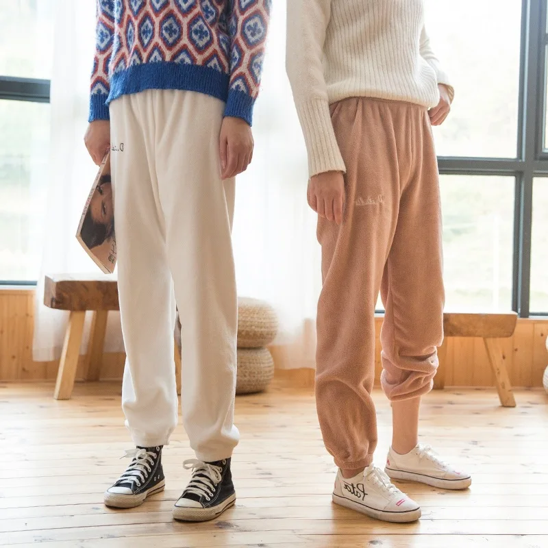 Коралловые бархатные брюки женские шаровары Осень-зима 2019 утепленные теплые