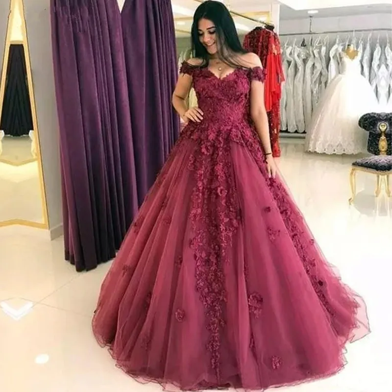 

Sweet Princess Burgundy Wedding Dresses ball gown Off Shoulder 3d Flowers Appliques Lace Up Wedding Gowns robe de mariee