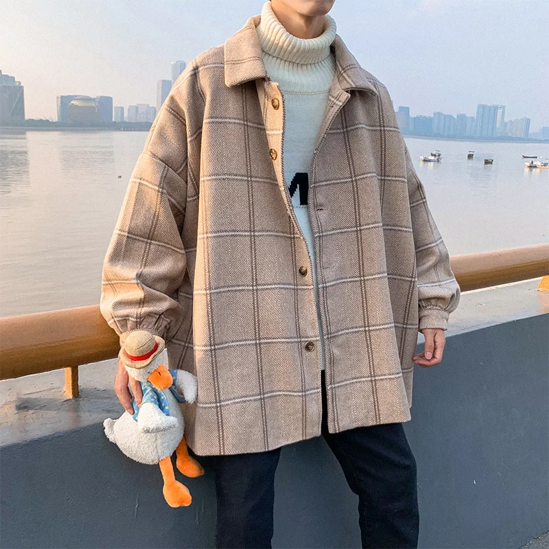 Мужская Осенняя шерстяная куртка в стиле ретро Повседневная Свободная тартан