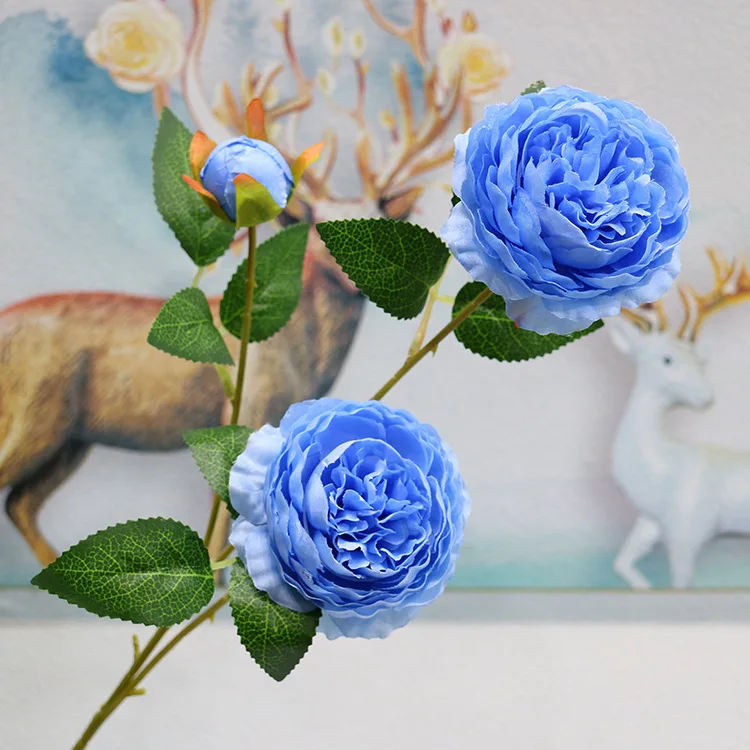 Blue yumai 1 шт. 3 головы пион шелковые искусственные цветы поддельные розы невесты свадьба украшение - Цвет: Blue