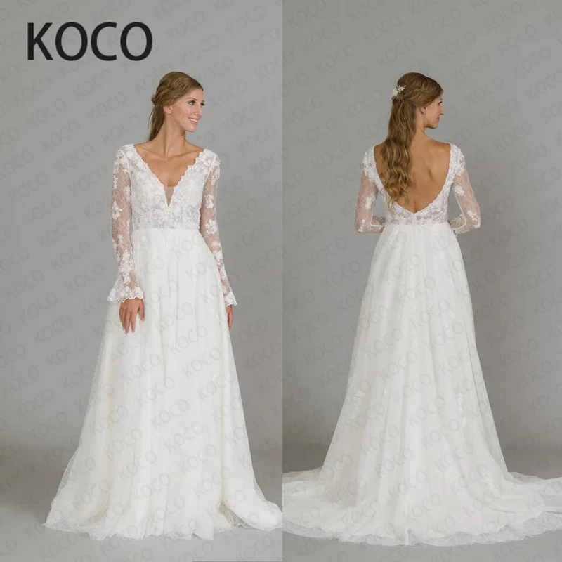 

Женское свадебное платье с длинным рукавом, V-образным вырезом и кружевом