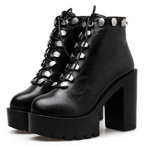black shoes Gdgydh/модные мотоциклетные ботинки с заклепками женская обувь из черной кожи на квадратном каблуке Демисезонная обувь на платформе Прямая - Цвет: black shoes