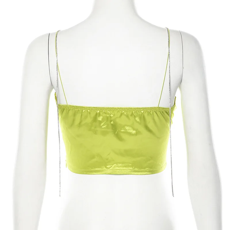 

ALLNeon 2000s Aesthetics Ruched Green Satin Crop Tops Y2K Vintage Backless Spaghetti Strap Cami Tops Fashion Spring Sexy Tanks