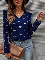 fashion womens butterfly print shirt 2022 spring summer casual long sleeve ruffles v neck pullovers ladies tops loose blouses