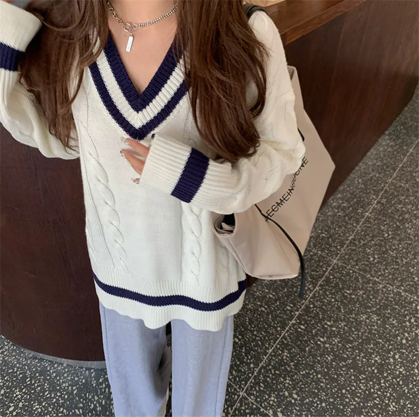 

Korean Style Clothes 2020 Autumn Winter Oversized Sweater Vest Women V-Neck Striped Knitted Tops Pullover Sleeveless Vests