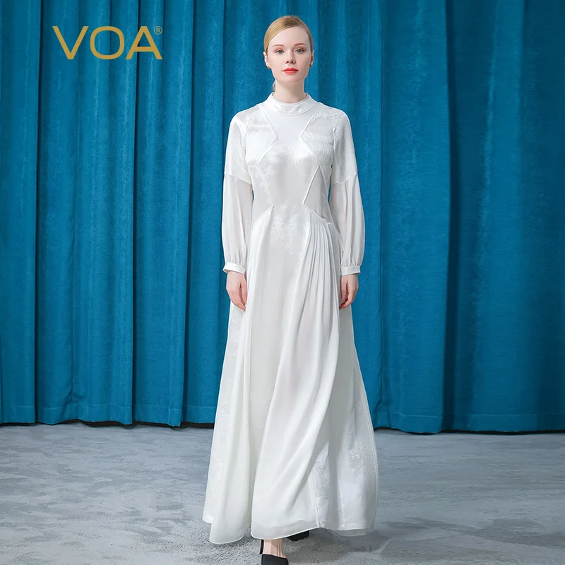 

VOA Silk Satin Jacquard 32m/m Heavy Half-height Collar Shoulder Long Sleeve Stitching Tucker Pleat Big Pendulum Dress AE757