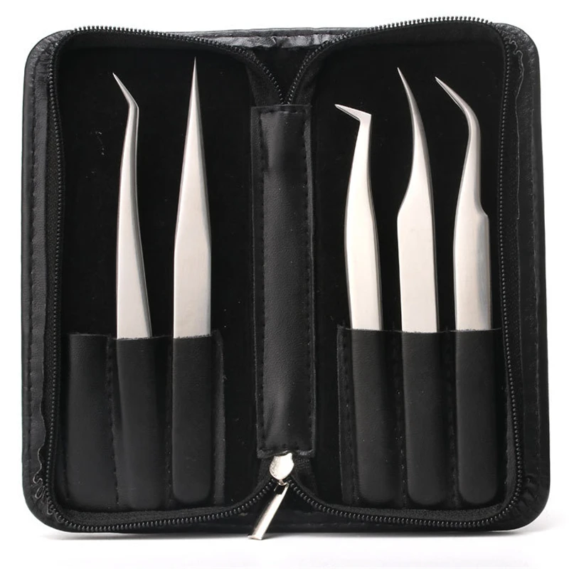 5pcs Stainless Steel Anti-Static Eyelash Tweezers Tool Kit With Leather Case Grafting Extension Eyebrow Forceps | Красота и здоровье