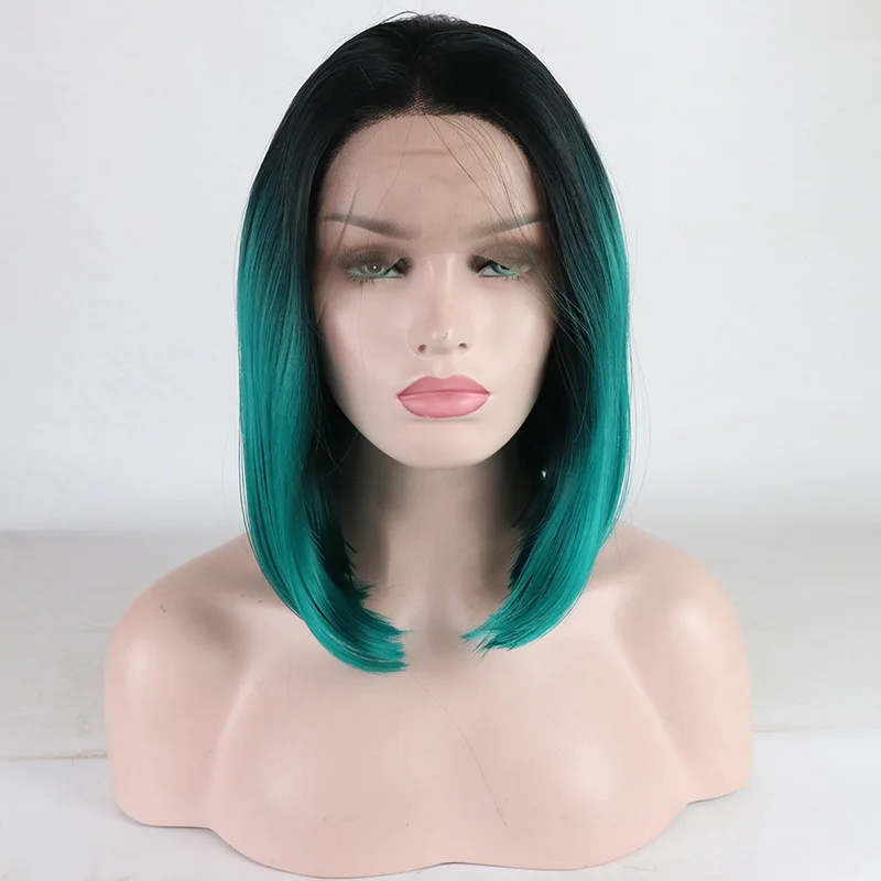 

Cosplay Daily Glueless Short Cut Bob Ombre Green Silky Straight Synthetic Lace Front Wig For Black Women Babyhair Preplucked