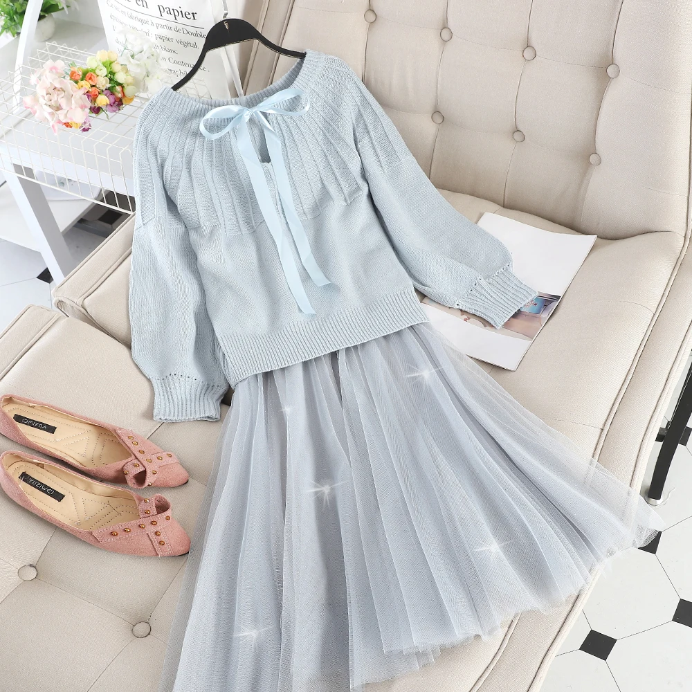 ALPHALMODA милый женский комплект юбки и свитера вязаный Топ с бантом воротником +