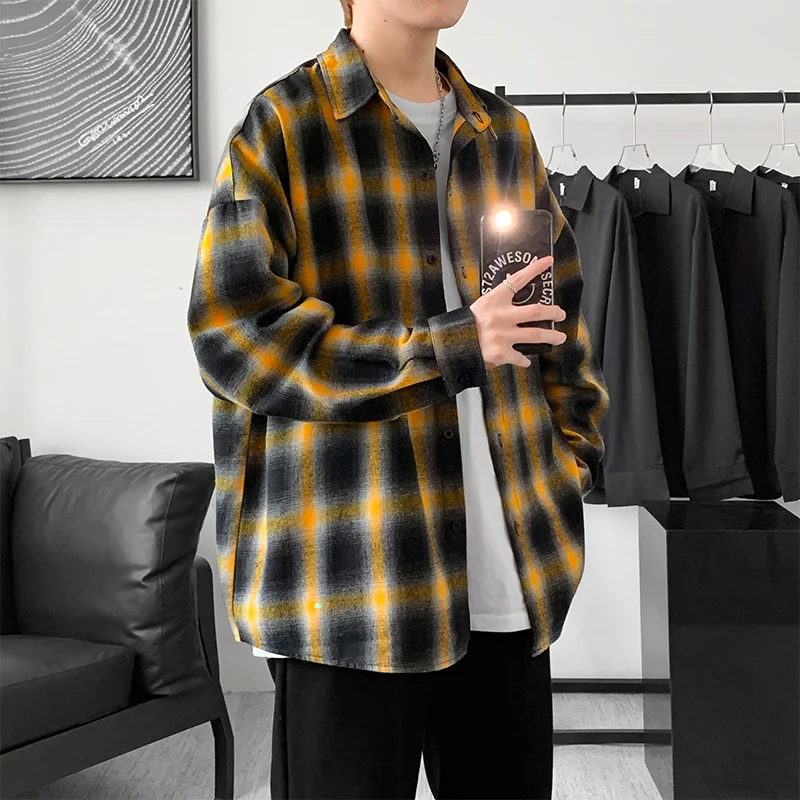 

Мужская Всесезонная рубашка в клетку, Повседневная модная простая универсальная верхняя одежда с длинным рукавом, свободного кроя