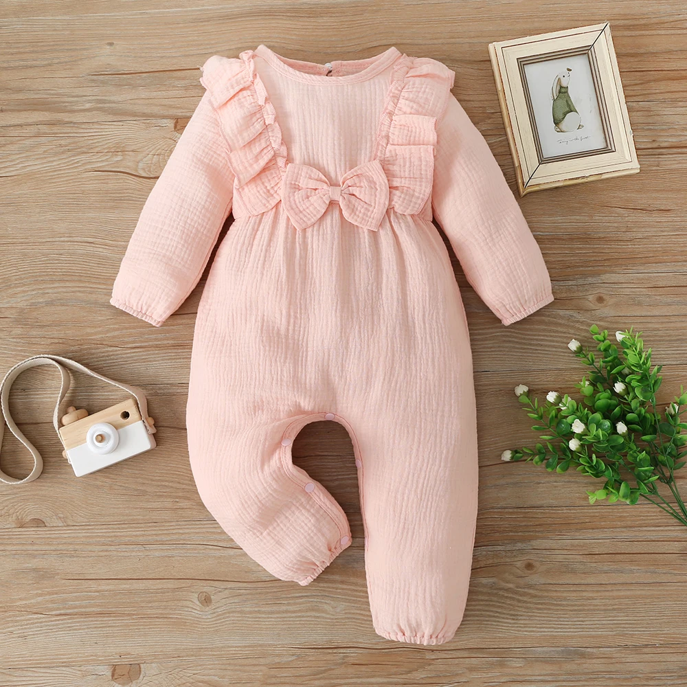 

New 2021 Infant Newborn Baby Romper Winter Cotton Long Sleeve Ruffles Bow Pink Solid Bodycon Baby Cute Rompers Clothes Outfits