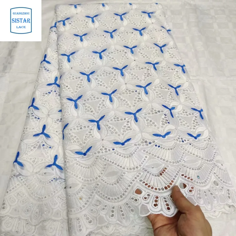 100% хлопок небесно-голубой швейцарский вуаль кружево в Швейцарии с камнями