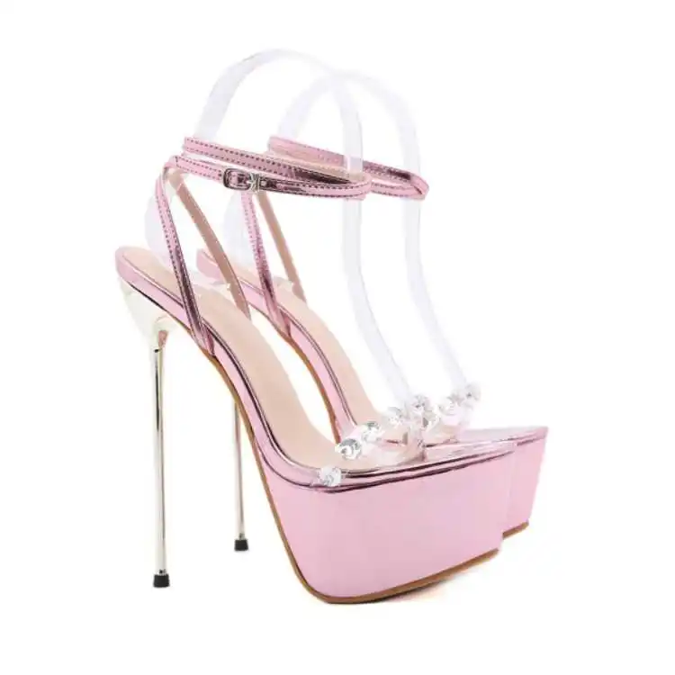

2021 spring new diamond one line with pink 16cm super high heel thin heel women's sandals photo performance shoes