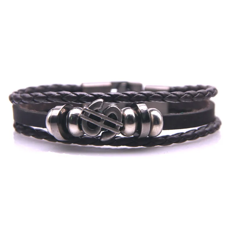 Vintage Black Brown Multi-Layer Leather Punk Bracelet Men's Women's Dollar Money Symbol Charm | Украшения и аксессуары