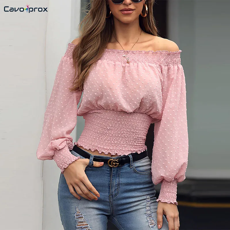 Женская блузка с открытыми плечами, с оборкой, уличная одежда размера плюс, с вырезом лодочкой, рукав-фонарик, элегантный топ, одноцветная рубашка