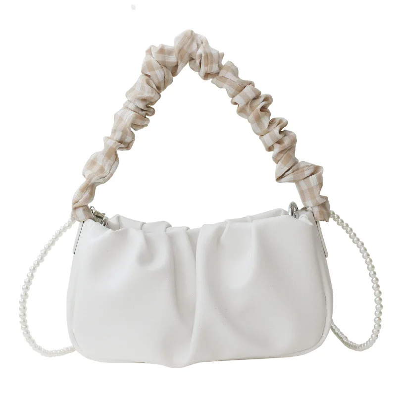 

Pleated Design Solid Shoulder Bags for Women 2021 Pearl Beaded Chains Luxury Brand Handbags Summer New Crossbody Bag Tote Female