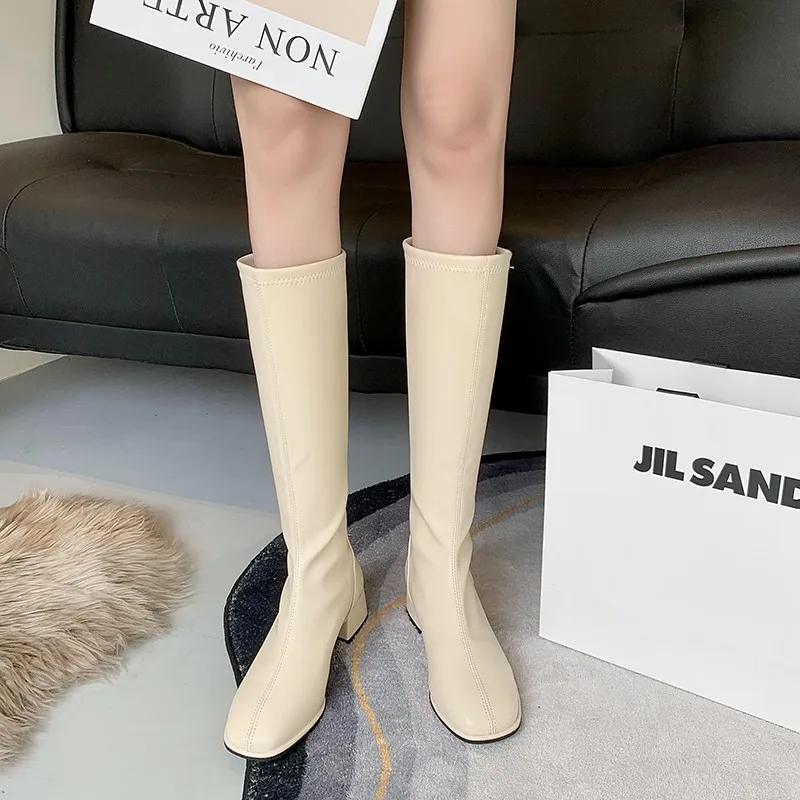 

Женские сапоги до колена, черные или белые кожаные сапоги на устойчивом каблуке, с круглым носком, на резиновой подошве, размер 40, для зимы, ...