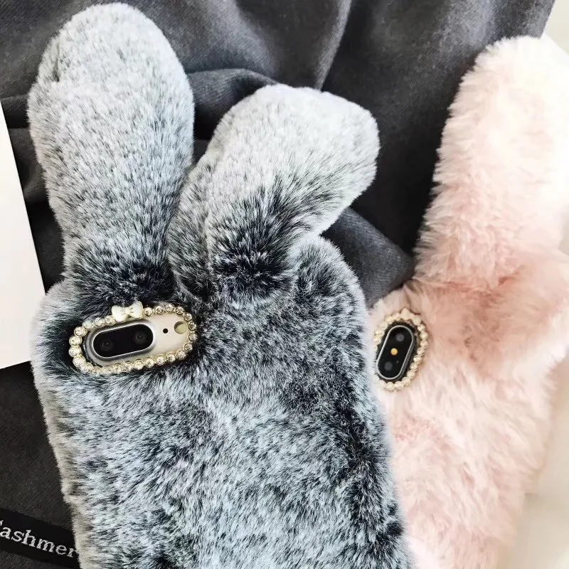 Rabbit Warm fur hair Phone Case for iPhone 11 Pro Max 6 6s 7 8 Plus X 4 4S 5 5S SE Xr Xs Diamond Plush Soft TPU Back Cover |