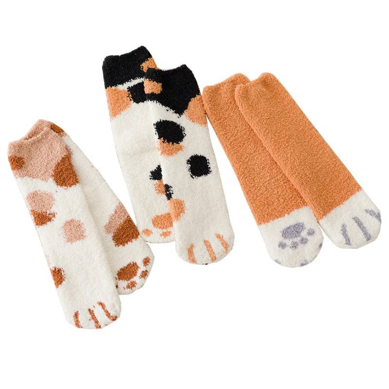 6 Pairs Women Socks Fluffy Warm Slipper Sock Autumn Winter Fall Fuzzy Cute Girl Cat Paw Home Sleeping Cat Claw Cute Animal Socks