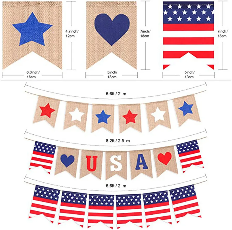 

4th July Independence Day Banner American Patriotic Banner Burlap Flag Decorations USA Red White and Blue Stars