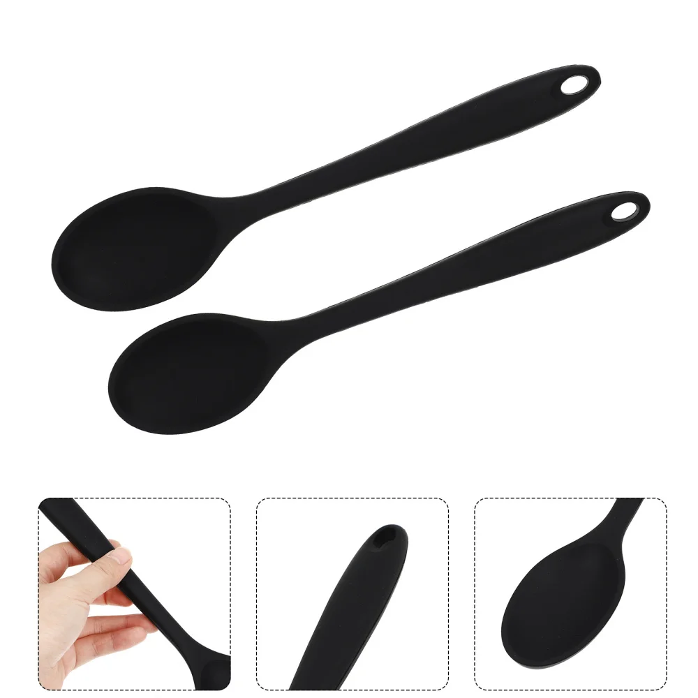 

2pcs Kitchen Salad Spoons Soup Spoons Silicone Spoons Cooking Spoons (Black)