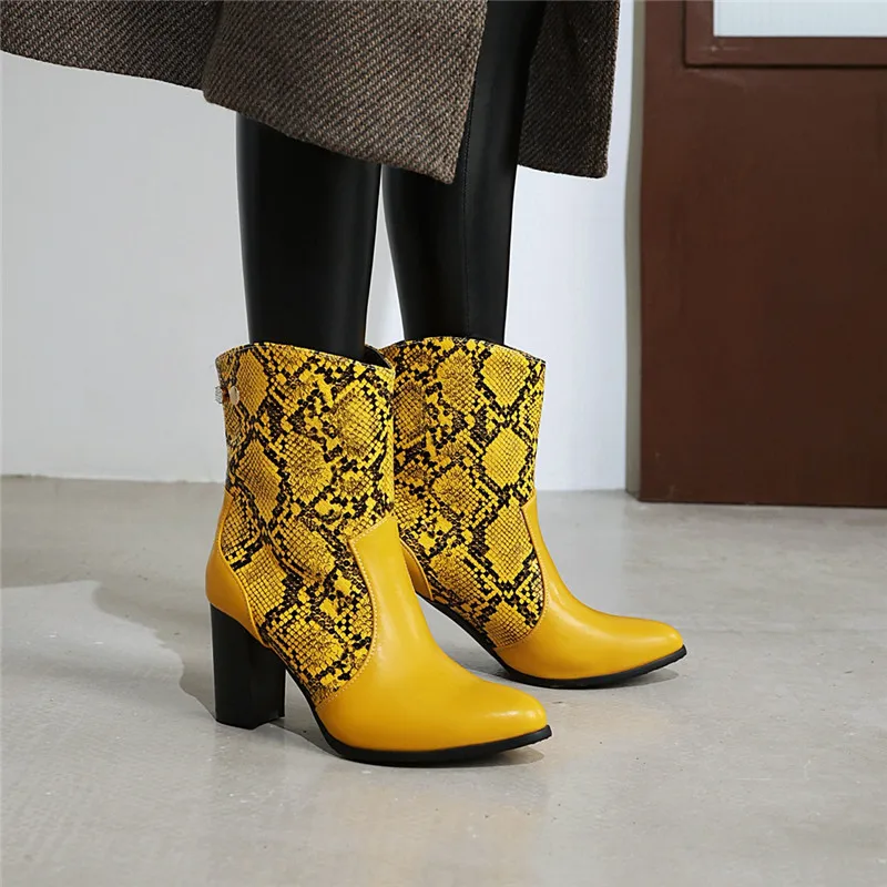 YMECHIC/зимние ботинки для верховой езды с острым носком на толстом каблуке принтом