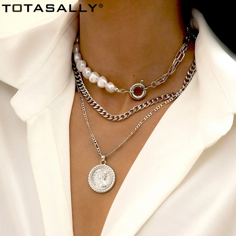 

F.J4Z Trend Necklace 2021 Baroque Cuban Chains Irregular Simulated Pearl Coin Women's Pendant Necklaces Vintage ewelry Gifts