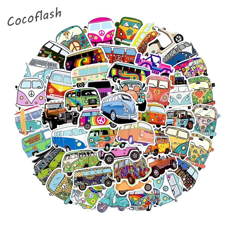 10/50PCS/set Hippie Style Cartoon Bus Sticker For Laptop DIY Guitar Luggage Skateboard Waterproof Graffiti Decals Kid Toys