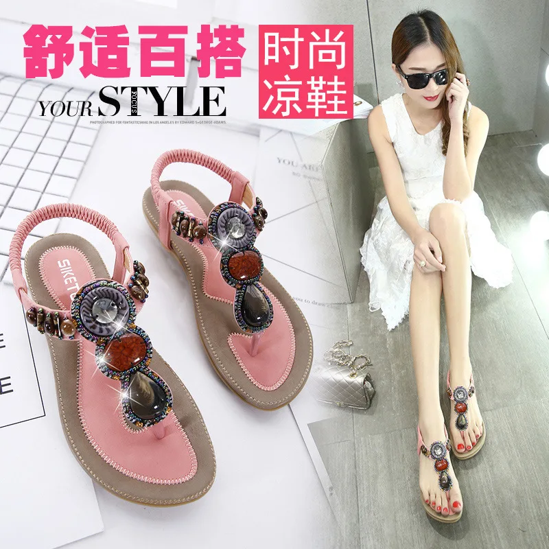 

Sandals Women Summer 2021 String Beadladies Open Toe Walking Shoes Retro Soft Elastic Band Outdoor Holiday Shoes