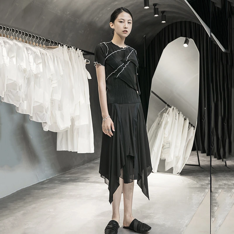

[EAM] High Waist Black Irregular Chiffon Split Joint Ribbon Half-body Skirt Women Fashion Tide New Spring Autumn 2021 1Y358