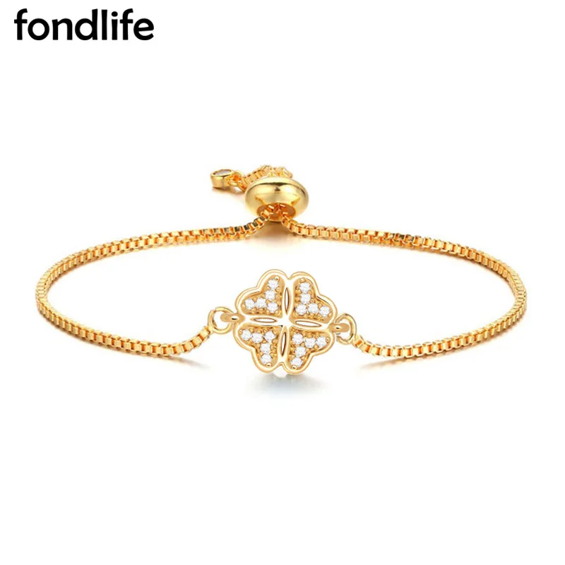 

Cubic Zirconia Stones Gold-plated Four Leaf Clover Luck Charm Bracelet Women 2021 New Fashion Brass Chain Pull Chic Jewelry Gift